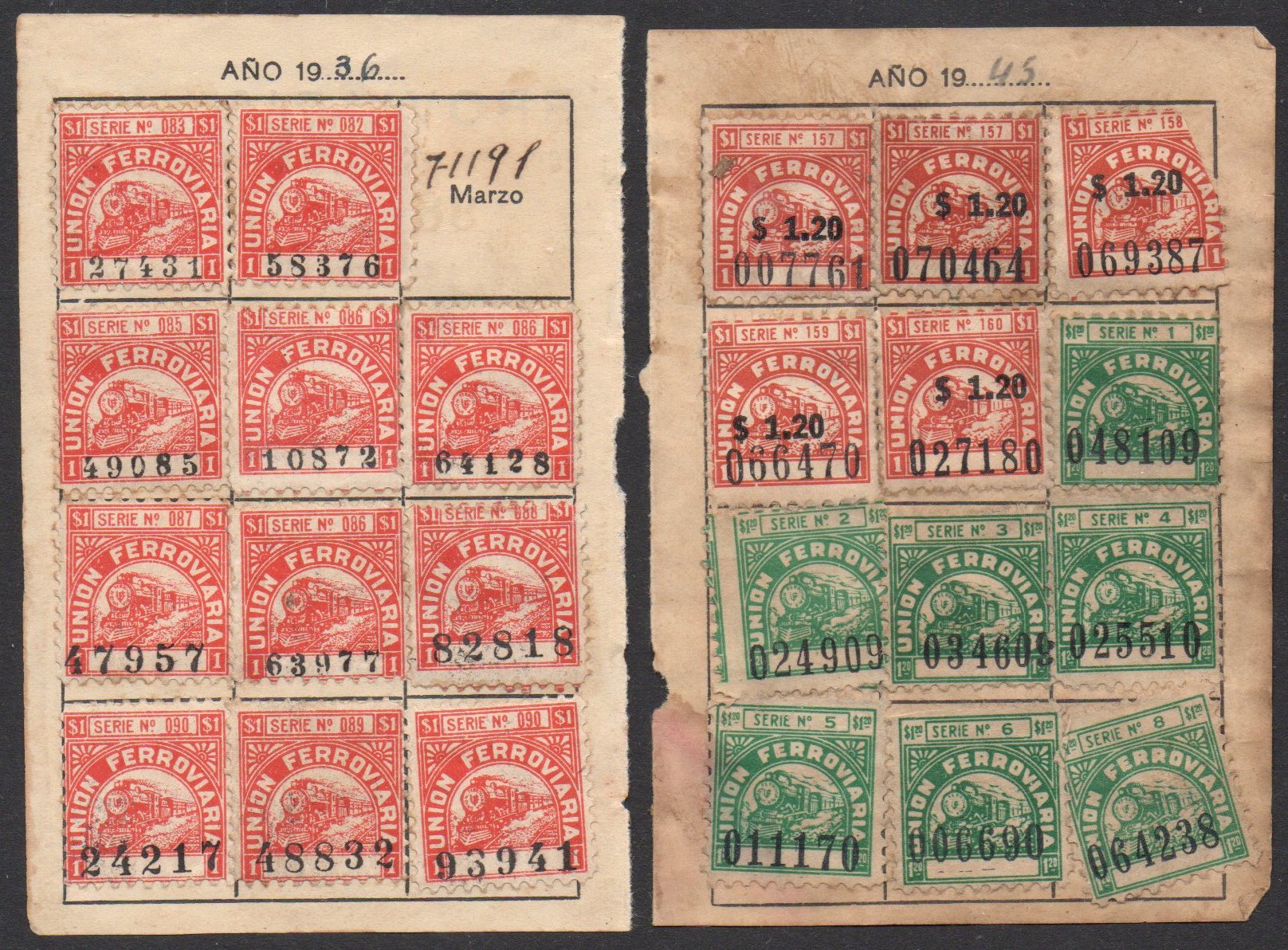 Argentina Railway Trades Unions monthly membership fee stamps 1936 and 1945 Union Ferrovia